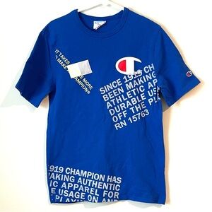 Champion Mens Size Medium Quote Logo Graphics T-Shirt Shirt Blue Short Sleeve